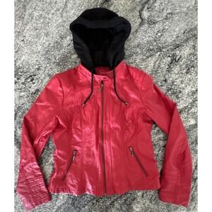 Guess Women's  Faux Red Leather Black Hoodie Zip‎ Up Jacket Size XL #478